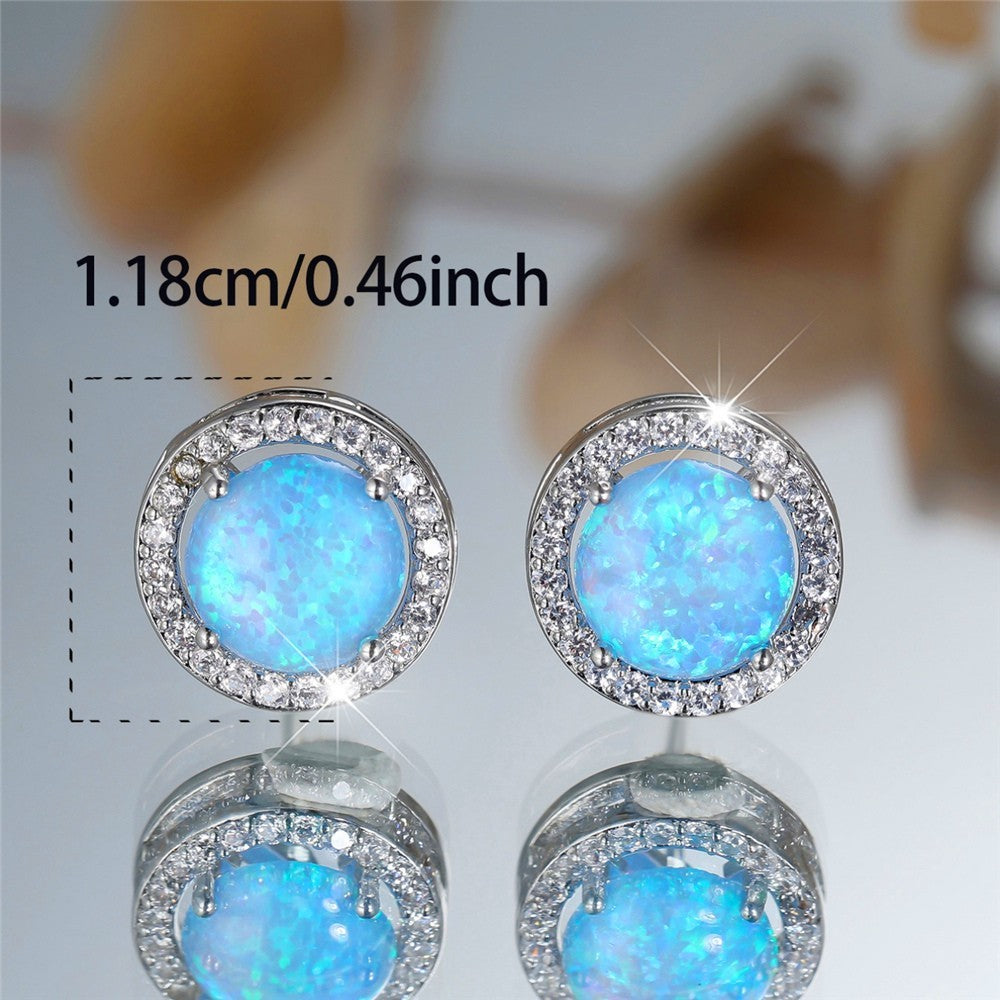 Blue Opal Stud Earrings for Women – Round Halo Cubic Zirconia Design, Copper 999