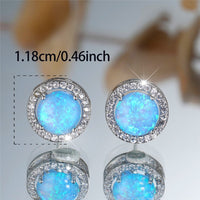 Blue Opal Stud Earrings for Women – Round Halo Cubic Zirconia Design, Copper 999