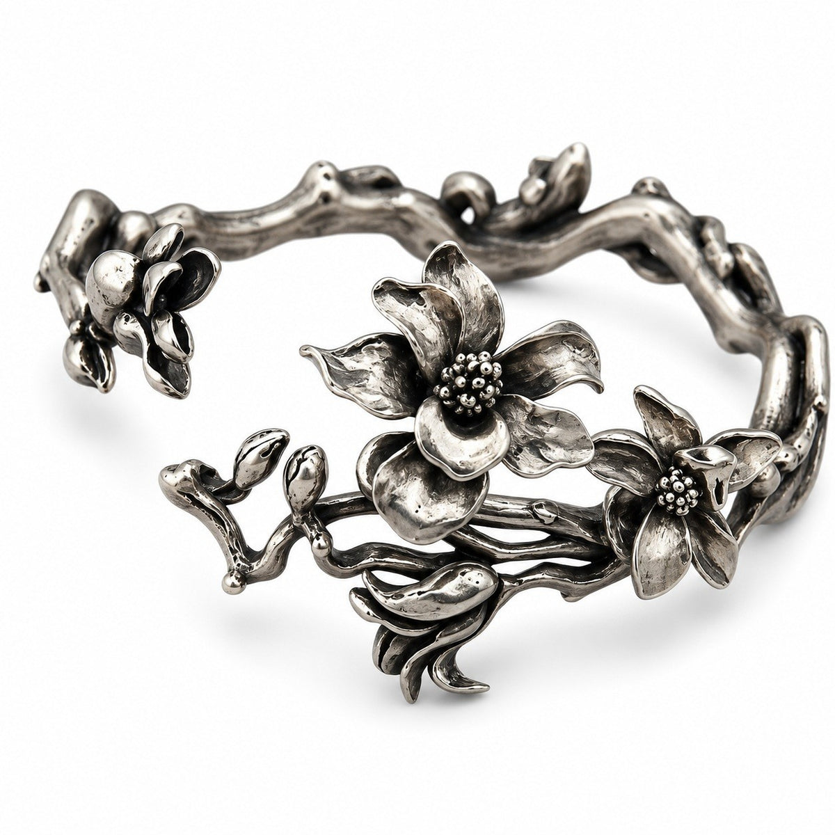 Vintage Floral Cuff Bracelet, Silver Tone Magnolia Flower Open Bangle 1799