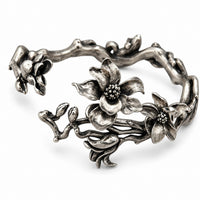 Vintage Floral Cuff Bracelet, Silver Tone Magnolia Flower Open Bangle 1799