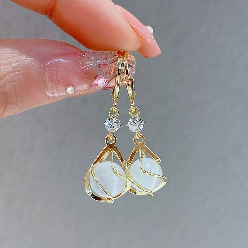 Moonstone Bead Shiny Rhinestone Decor Dangle Earrings Elegant Simple Style 29 UK