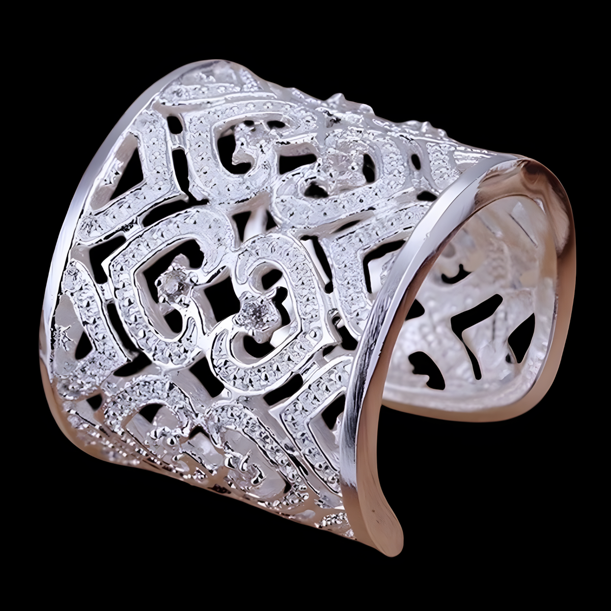 Silver Plated Alloy Wide Filigree Open Cuff Ring Women, Adjustable Resize 1195