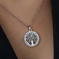 Stainless Steel Tree of Life Pendant Necklace Silver Round Cut Out Tree 1088