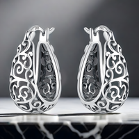 Womens 925 Sterling Silver Vine Pattern Hoop Earrings Hinged Snap Closure B47