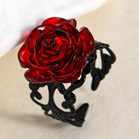 Gothic Red Rose Statement Ring - Ornate Black Vine Filigree Adjustable Band 1490