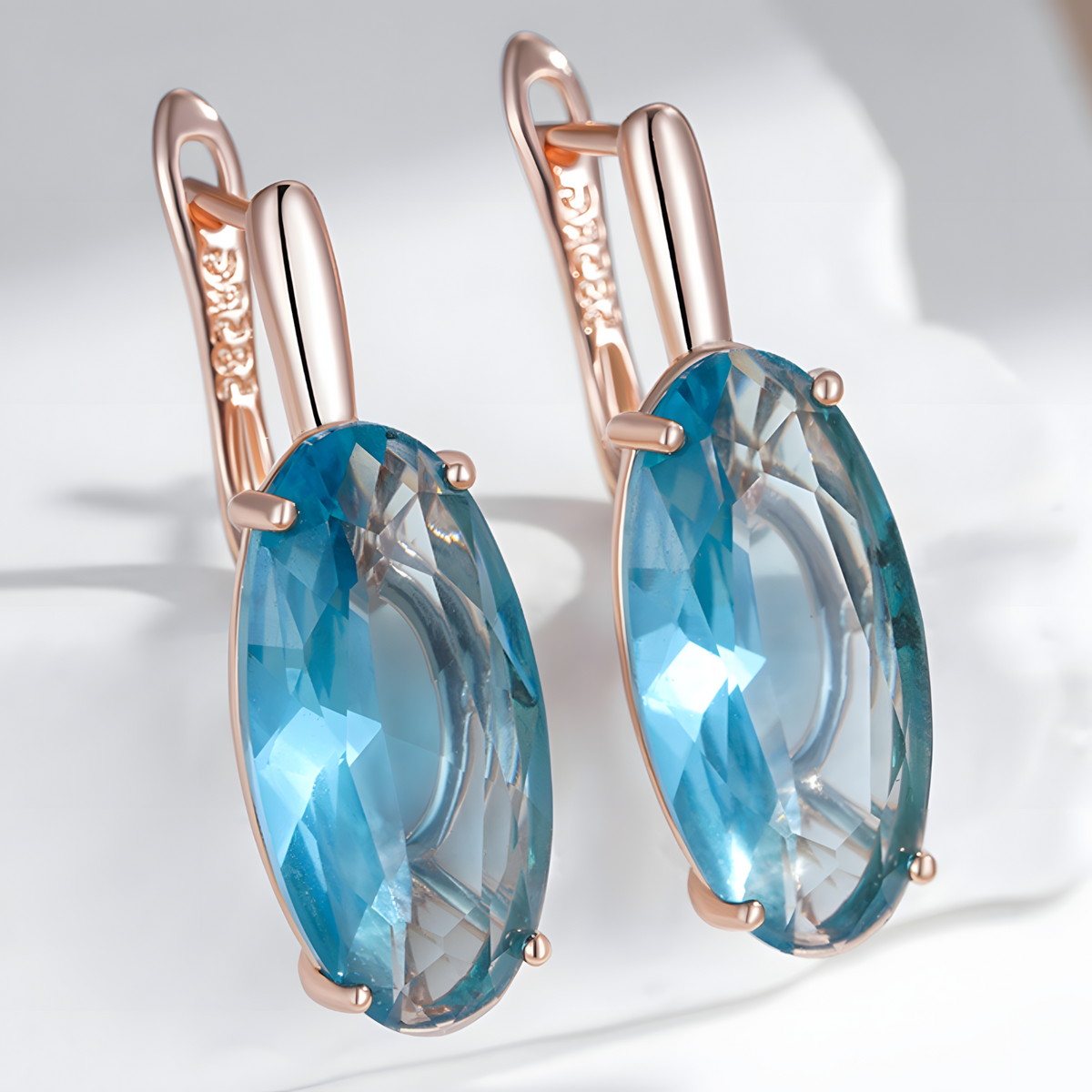 585 Rose Gold Blue Natural Zircon Oval Drop Earrings for Women, Copper Base 1287