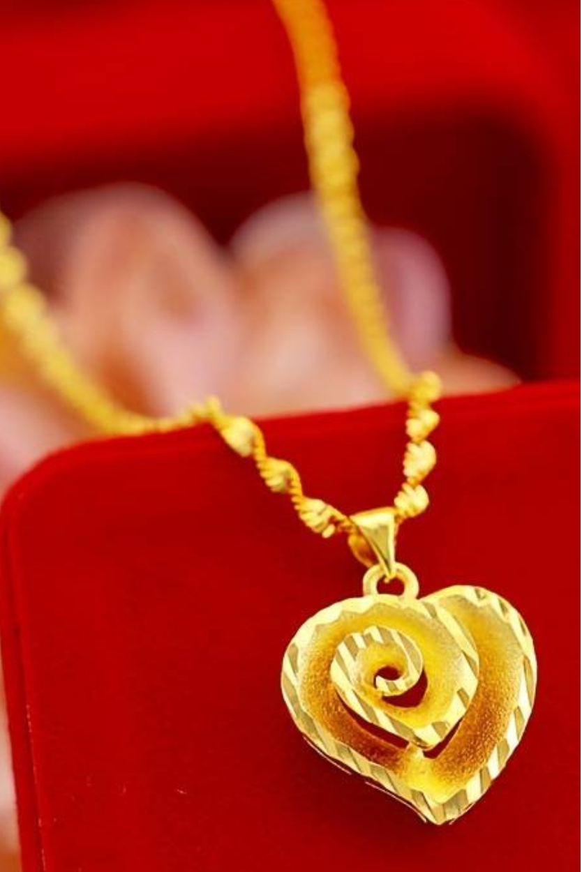 Vintage Luxury Heart Pendant Necklace 24K Gold Plated Copper, Elegant Spiral 124