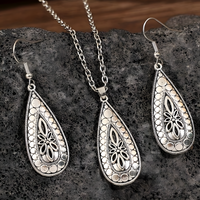 Vintage Water Drop Floral Carved Necklace and Drop Earrings Set, Teardrop 1723