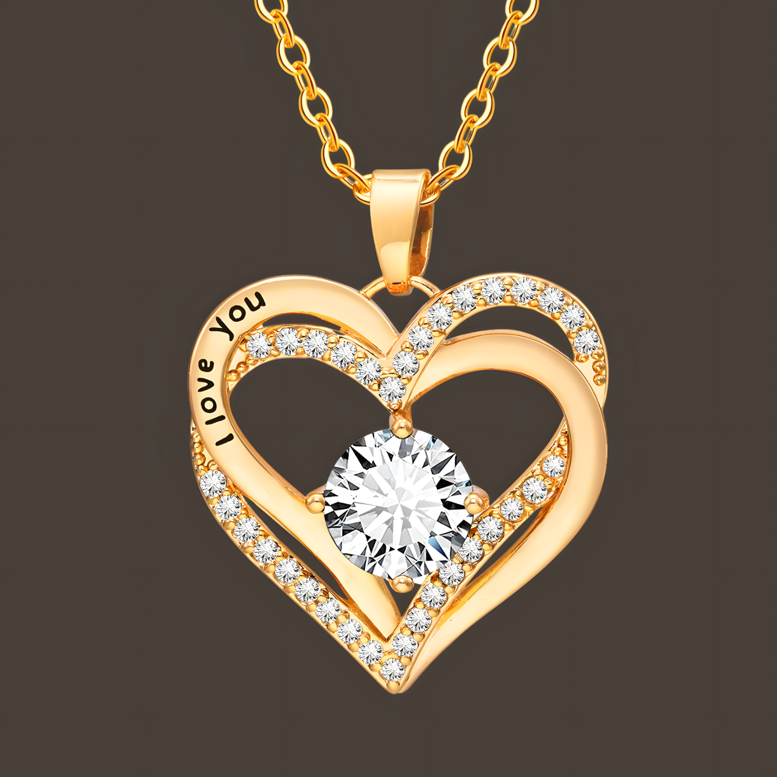 925 Gold Tone "I Love You" Heart Cubic Zirconia Necklace Fashion Jewelry B24