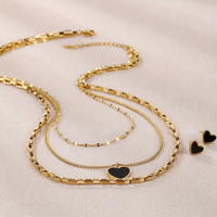 3PCS Stainless Steel Black Heart Necklace Earrings Set MultiLayer Gold Chain 718