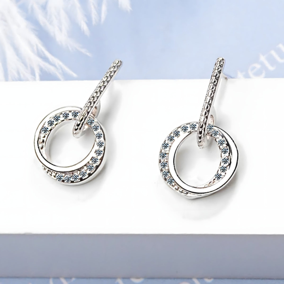Sterling Silver Double Circle Drop Earrings with Rhinestone Accents Elegant 346