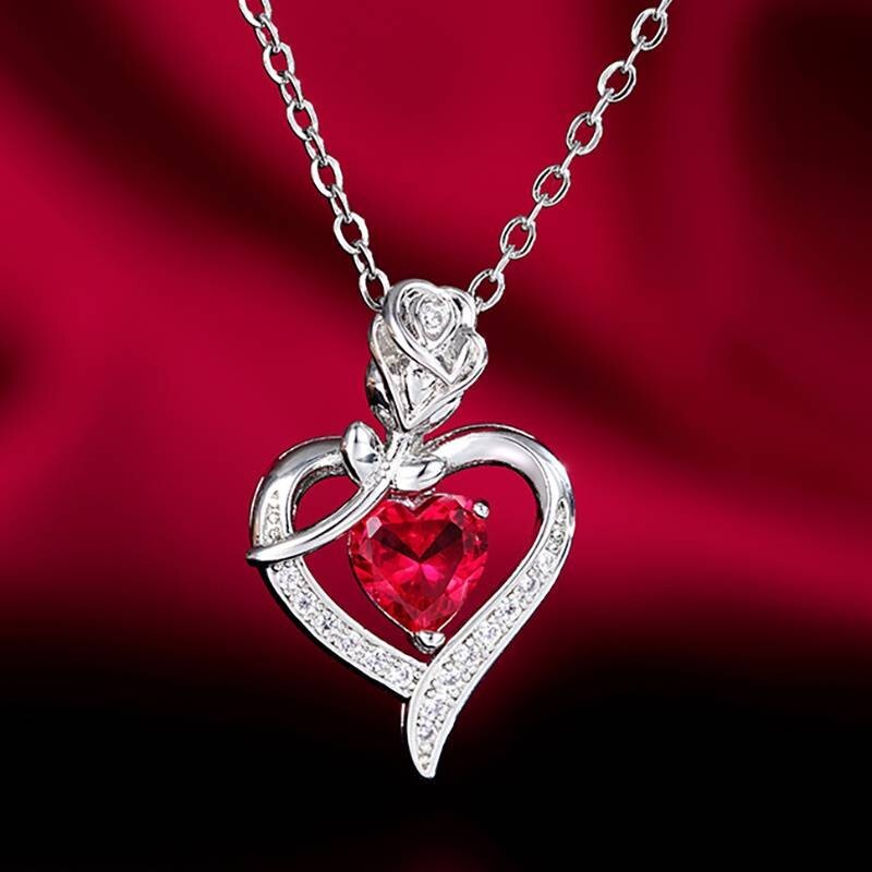 925 Silver Plated Elegant Rose Zircon Heart Hollow Ruby Pendant Necklace 22 UK