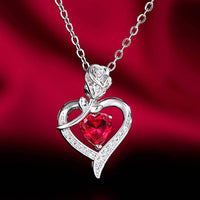 925 Silver Plated Elegant Rose Zircon Heart Hollow Ruby Pendant Necklace 22 UK