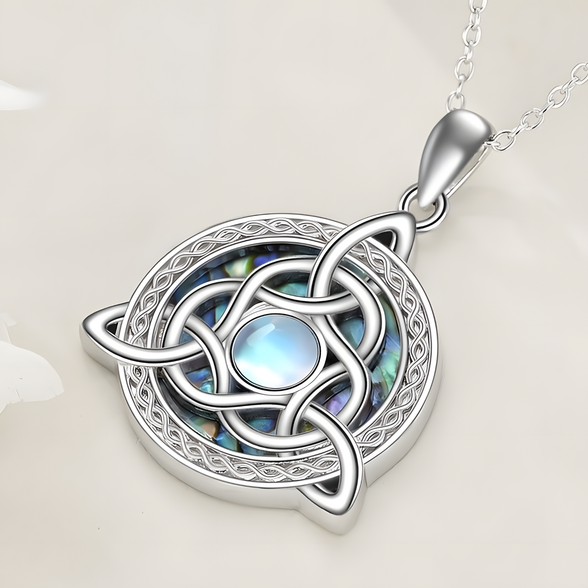 Trinity Knot Moonstone Necklace for Women – Celtic Pendant with Opal Style B136