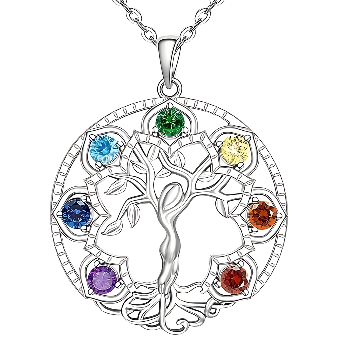 Zinc alloy metal pendant with silver tone finish and seven rainbow crystals 1064