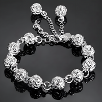 Silver Plated Hollow Filigree Ball Bracelet with Tassel, Womens Adjustable 423