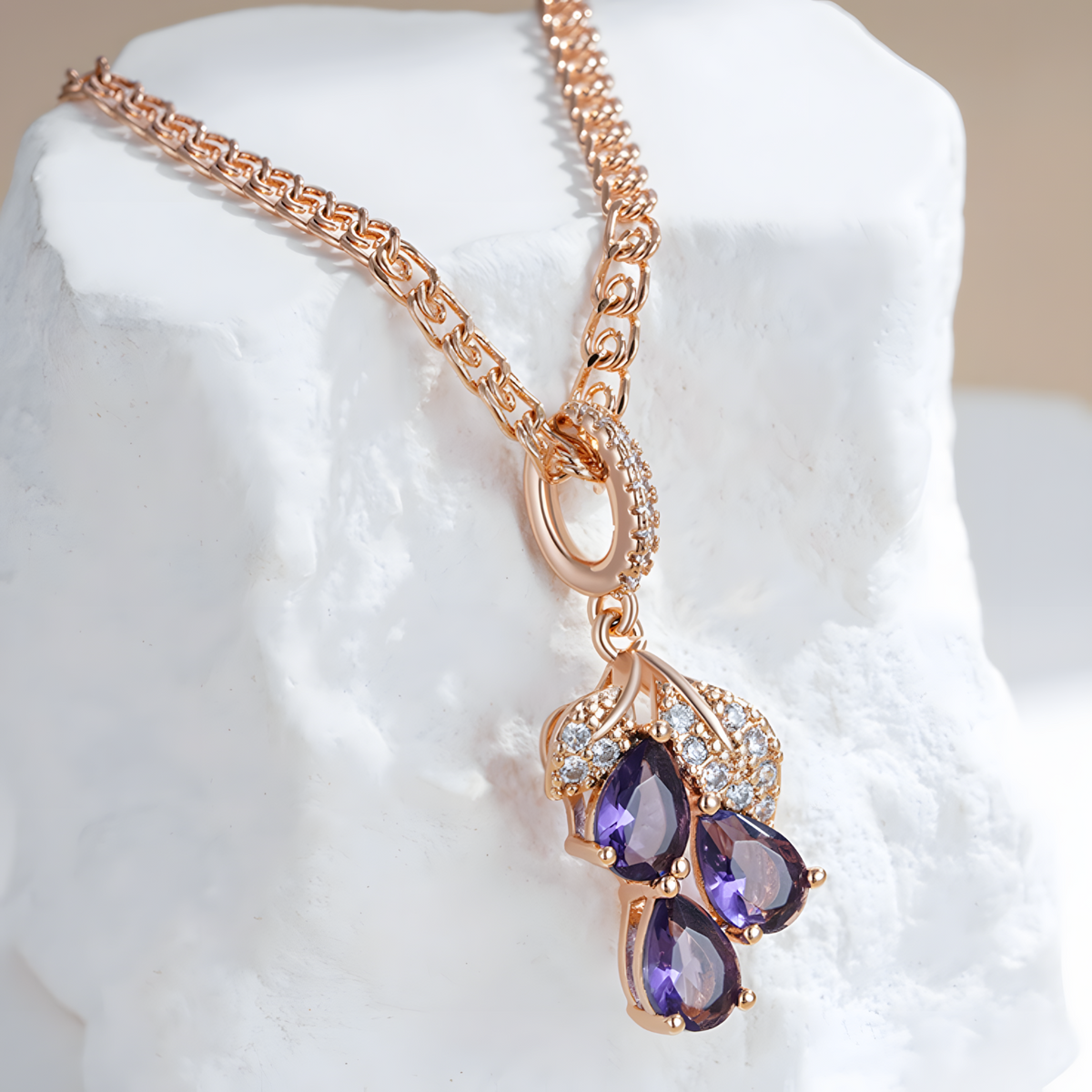 Purple Natural Zircon Pendant Necklace Copper, 585 Rose Gold Plated  1277