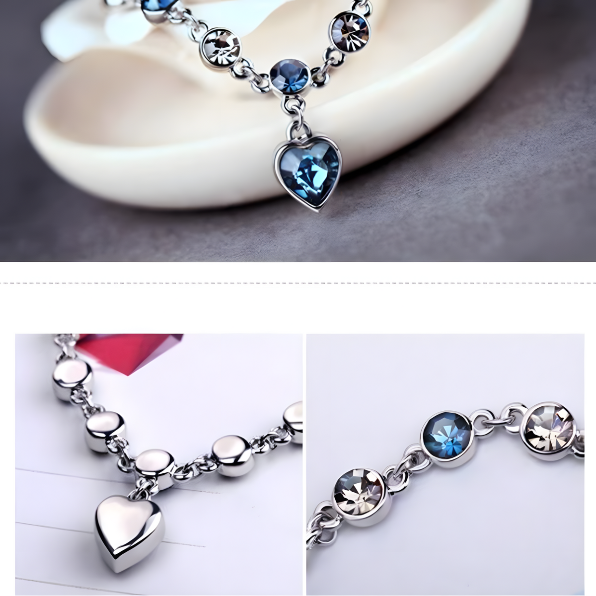 Womens Blue Crystal Heart Charm Bracelet Zinc Alloy Bracelet Cubic Zirconia 1158