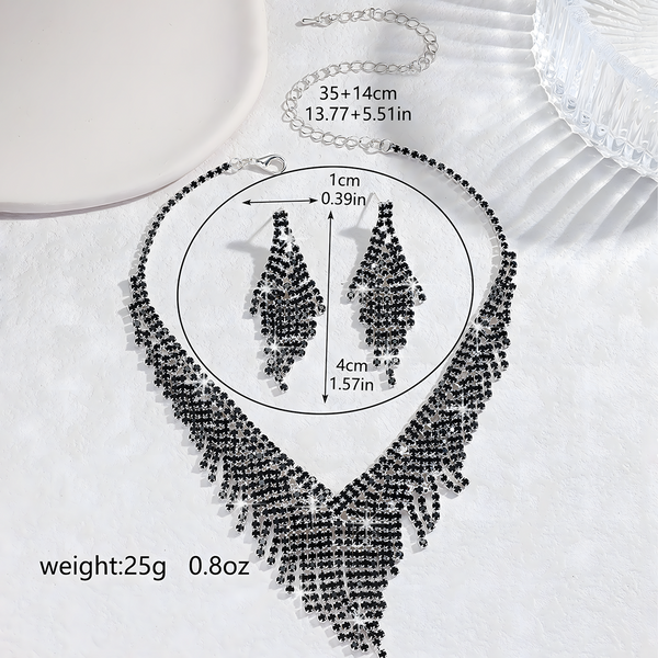 3pcs Black Rhinestone Tassel Jewelry Set Women | Statement Choker Necklace 632