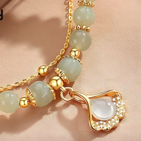 Elegant Pale Green Jade Beaded Bracelet, Gold Tone Adjustable Chain, Lotus 1741