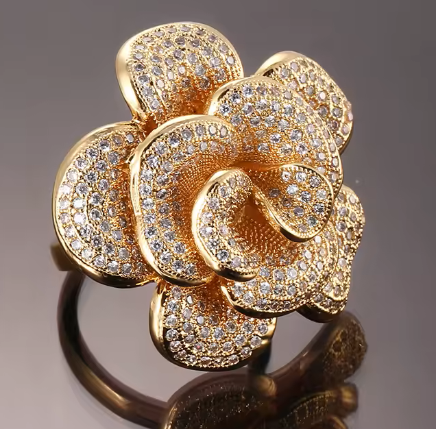 Luxury Flower Statement Ring For Women, Gold Tone Adjustable Cocktail Ring 1504