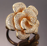 Luxury Flower Statement Ring For Women, Gold Tone Adjustable Cocktail Ring 1504