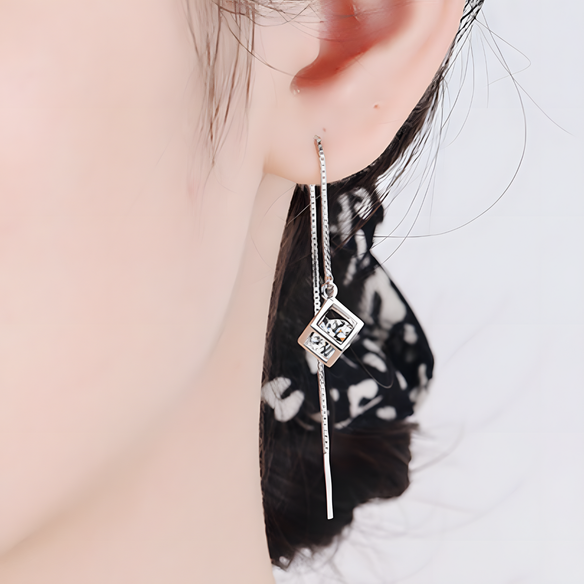 925 Silver-Plated Geometric Cube Zircon Drop Earrings Women Sparkling Round 924