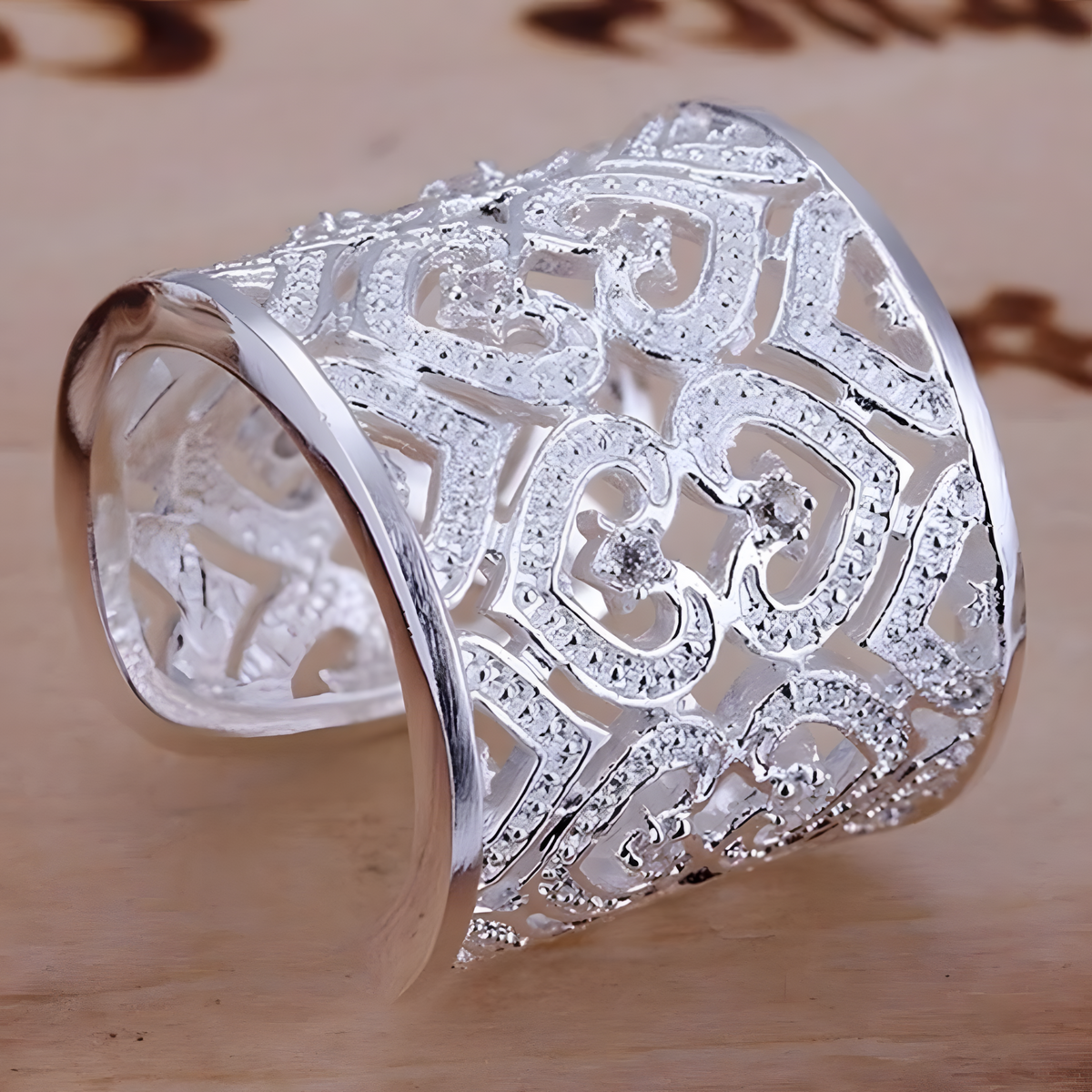 Silver Plated Alloy Wide Filigree Open Cuff Ring Women, Adjustable Resize 1195