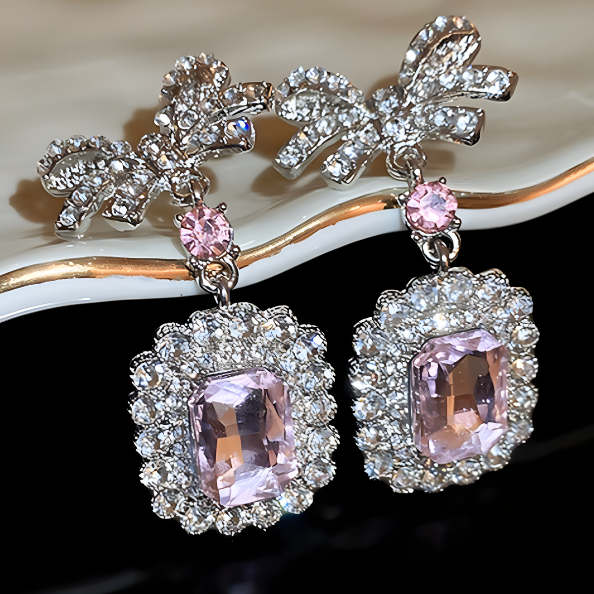 Pink Crystal Bow Pendant Necklace and Drop Earrings Set for Women Square 1392