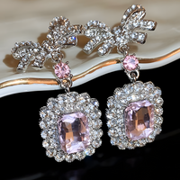Pink Crystal Bow Pendant Necklace and Drop Earrings Set for Women Square 1392