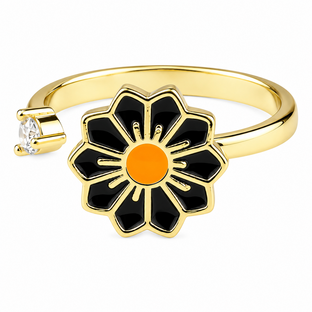 Daisy Flower Adjustable Open Ring Gold Tone Statement Ring Clear Accent 1595
