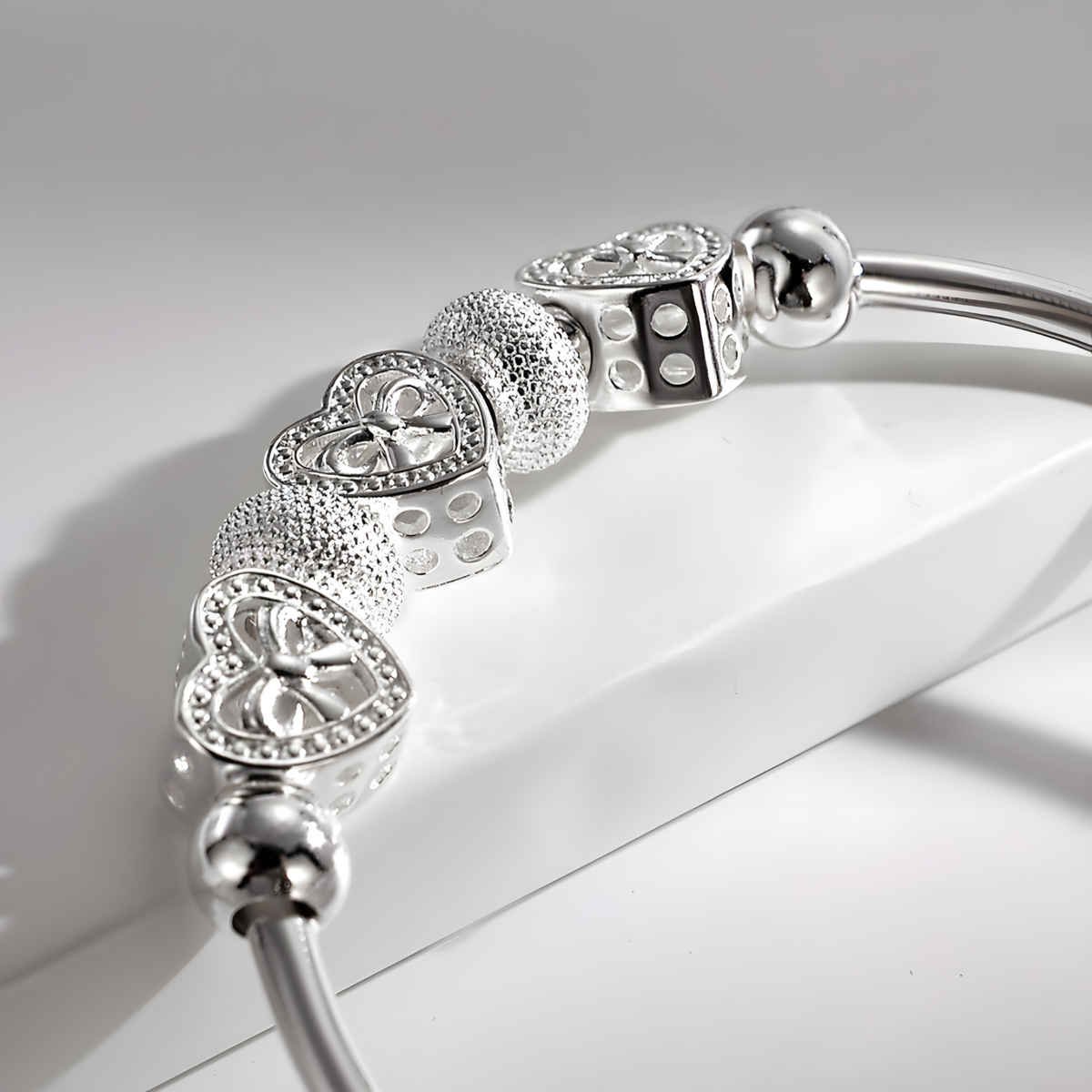 Heart Bow Charm Bangle for Women - Adjustable Polished Bracelet Three Heart 1816