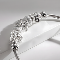 Heart Bow Charm Bangle for Women - Adjustable Polished Bracelet Three Heart 1816