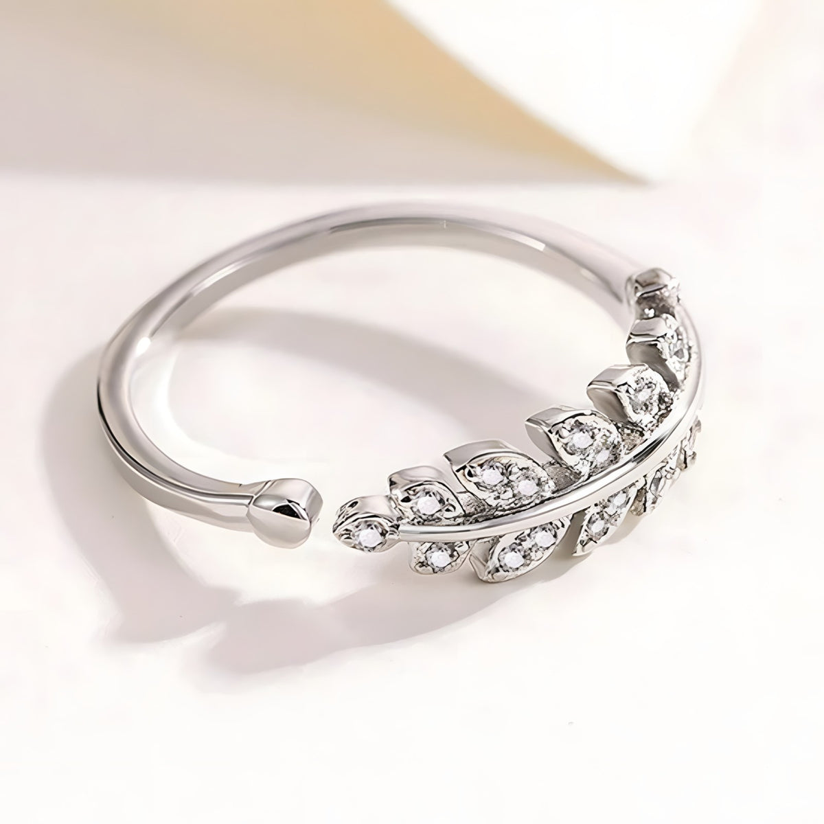 925 Sterling Silver Leaf Ring, Adjustable Open Band CZ Stone Nature Inspired 377