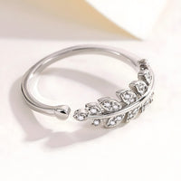 925 Sterling Silver Leaf Ring, Adjustable Open Band CZ Stone Nature Inspired 377