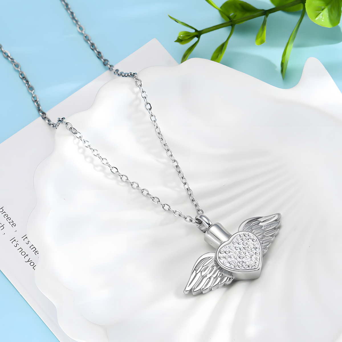 Angel Wing Heart Urn Necklace Ashes – Rhinestone Memorial Pendant,Cremation 1231