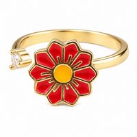 Daisy Flower Adjustable Open Ring Gold Tone Statement Ring with Pink Enamel 1597