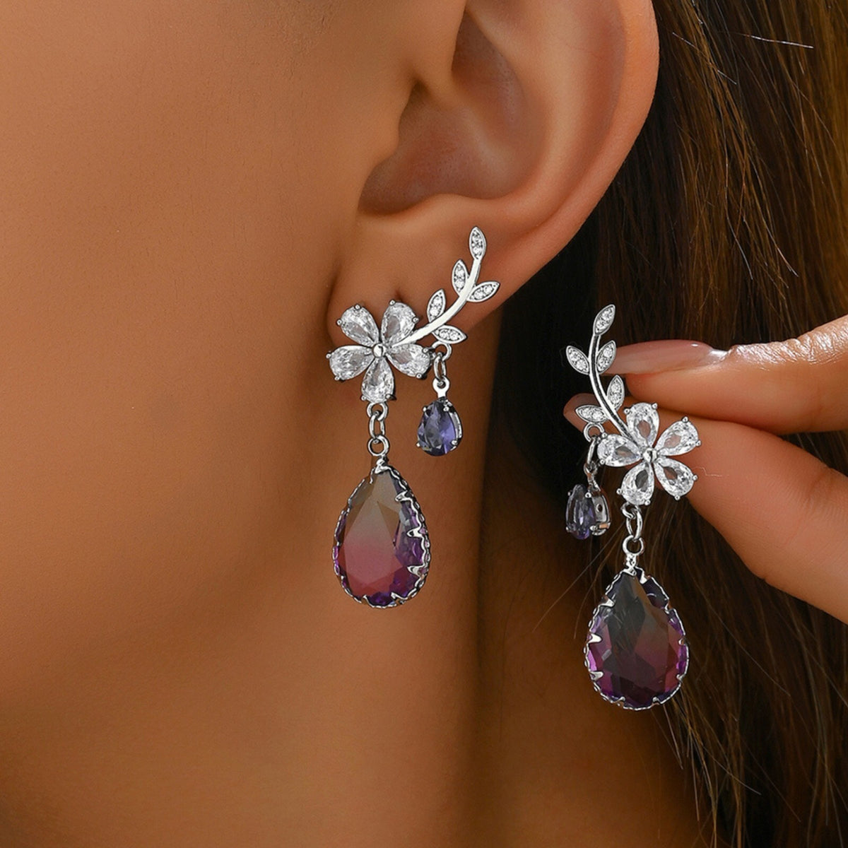 Statement Drop Earrings for Women Silver Plated, Purple & Clear CZ Crystals 294
