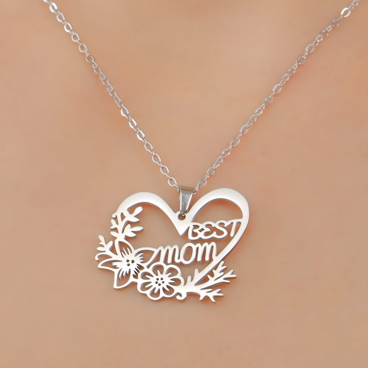 Best Mom Heart Necklace for Women – Stainless Steel Cutout Floral Pendant 1170