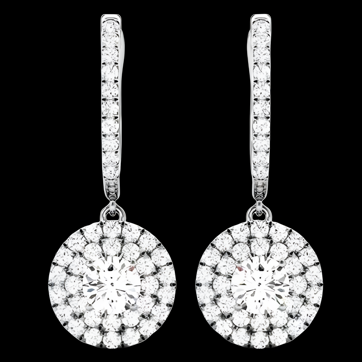Rhodium-Plated Hoop Drop Earrings For Women With Round Cubic Zirconia Pave 1438