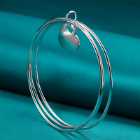925 Sterling Silver Three Circle Bangle Bracelet with Heart Charm for Women 406