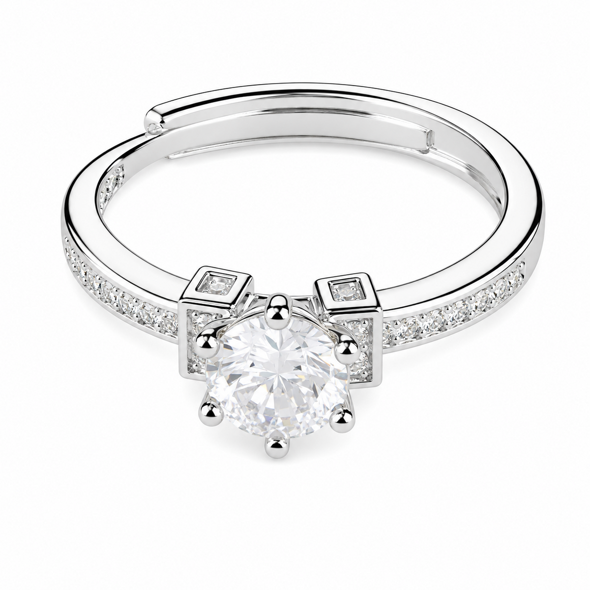 Adjustable Round Brilliant Zircon Engagement Ring, Silver Tone Solitaire 1608
