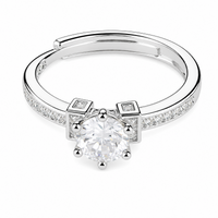 Adjustable Round Brilliant Zircon Engagement Ring, Silver Tone Solitaire 1608
