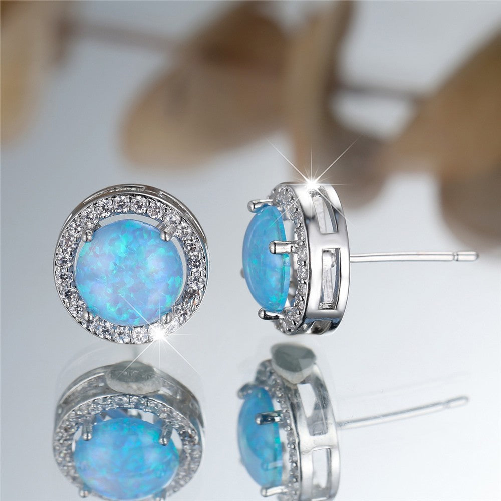 Blue Opal Stud Earrings for Women – Round Halo Cubic Zirconia Design, Copper 999