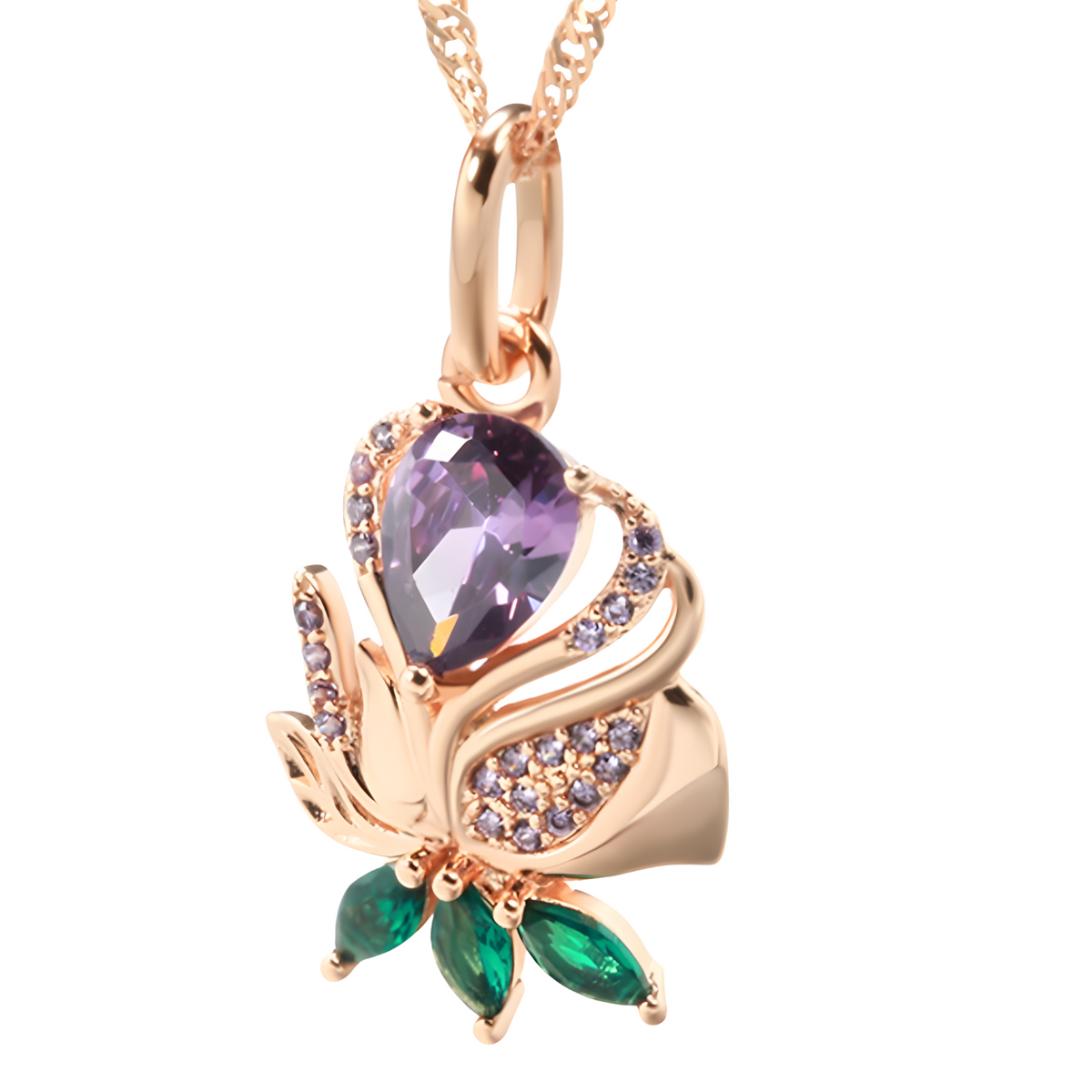 Rose Gold Plated Copper Pendant Necklace for Women with Purple Zircon Heart 1259