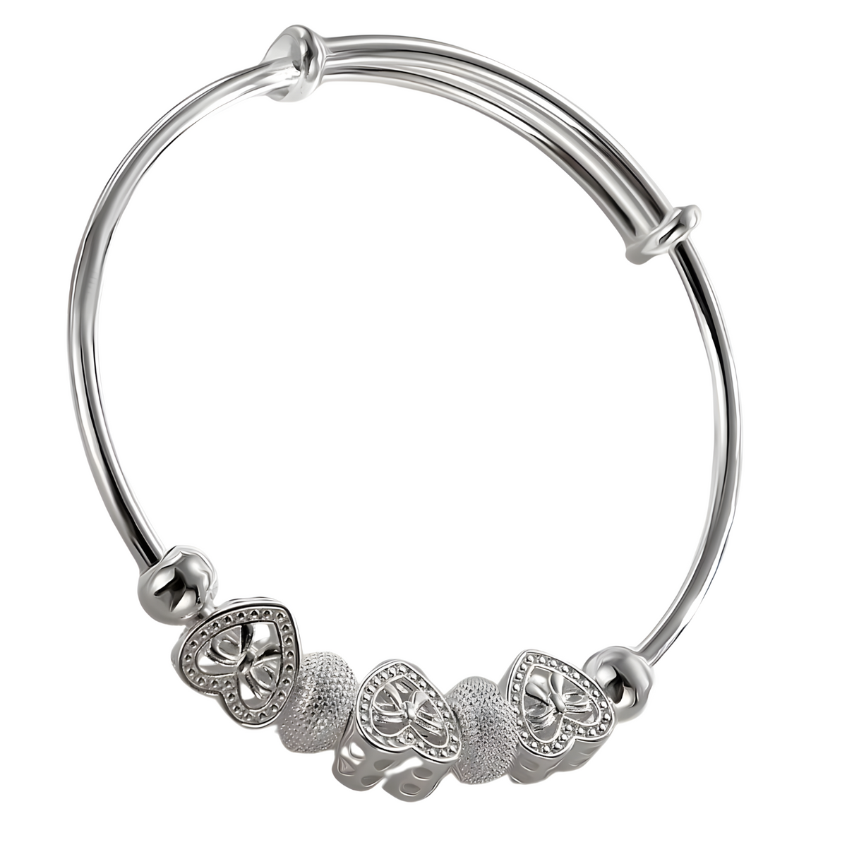 925 Sterling Silver Plated Heart Beads Adjustable Bangle Bracelet Cute Heart 434