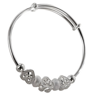925 Sterling Silver Plated Heart Beads Adjustable Bangle Bracelet Cute Heart 434