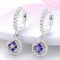 925 Sterling Silver Purple Zircon Drop Earrings Women –Elegant Square Dangle 834