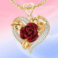 Gold Heart Red Rose Crystal Necklace | Romantic Floral Pendant Gift for Her B13
