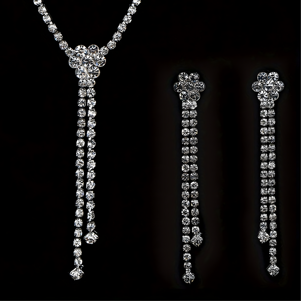 Elegant Silver Rhinestone Tassel Necklace & Earrings Set for Women – Crystal 720
